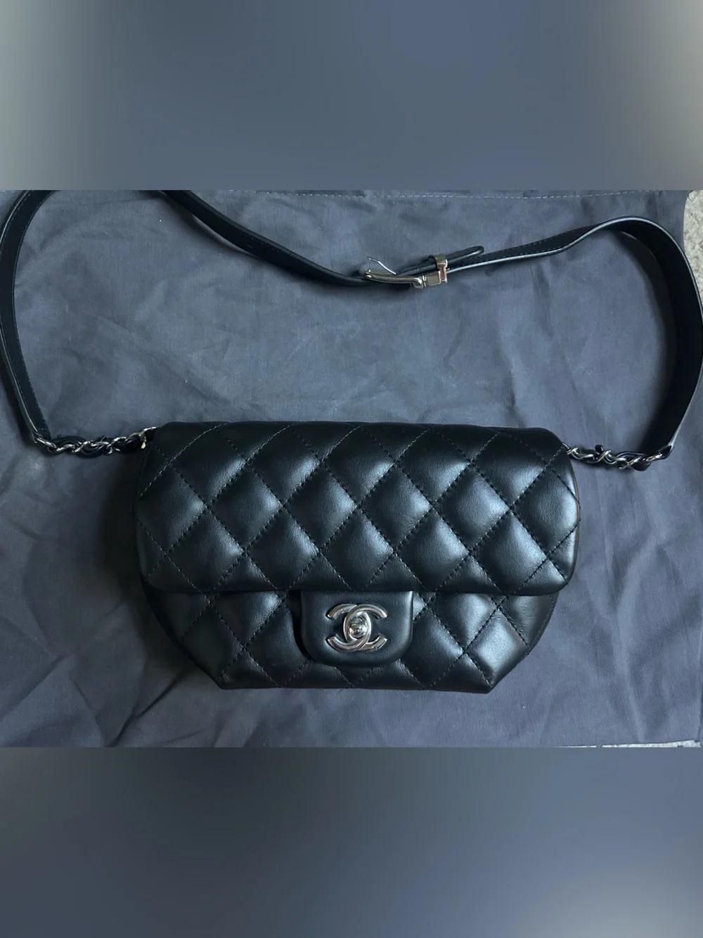 CHANEL Black Quilted Lambskin Chain Strap Crossbody